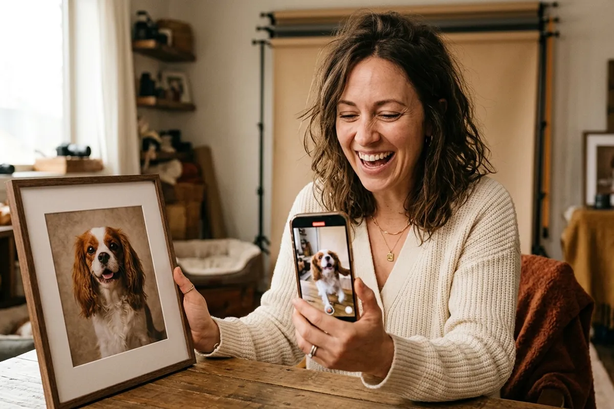 Phone showing an AR pet portrait playing video in the browser